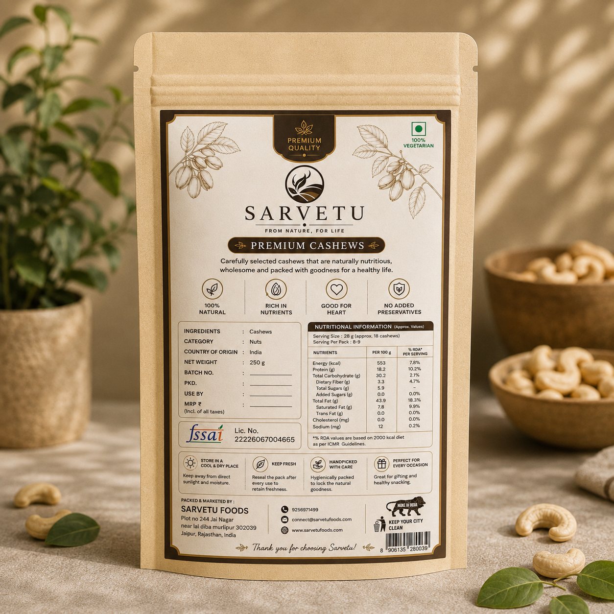 Sarvetu Premium Cashew (Kaju) 250gm